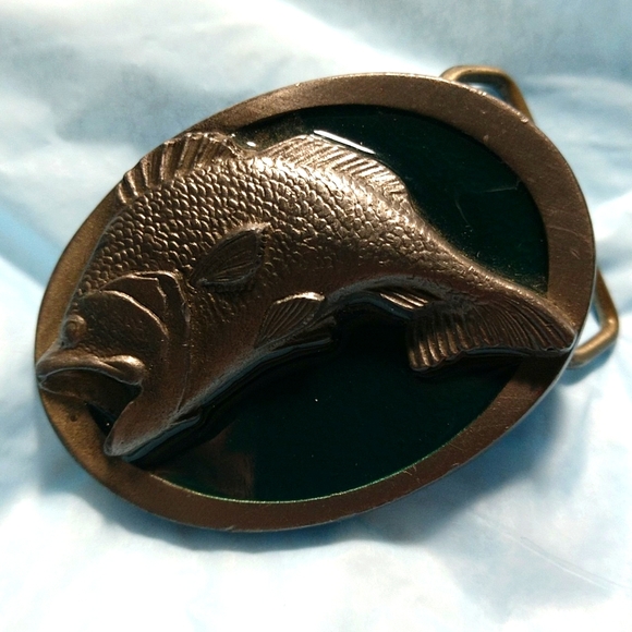 🦈🐬Fishing Large Mouth Bass Jumping Belt Buckle Pewter & Enamel 1987 Vintage - Picture 4 of 16